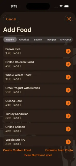 Add Food screen with search, barcode scan, recipes, and photo estimate