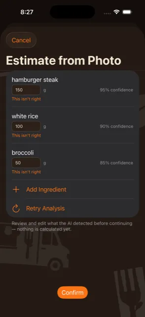 AI photo estimation review screen with estimated food items and editable nutrition