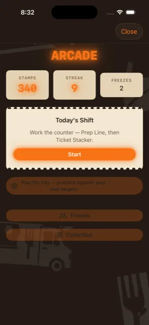 Foodtr4cl Arcade home screen with streak, stamps, and freezes