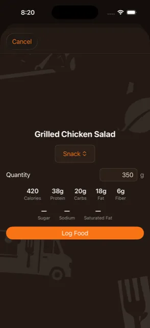Quick log confirmation screen with calories, macros, and a Log Food button