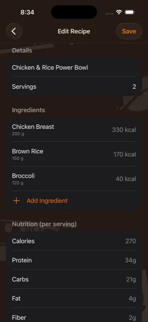 Edit Recipe screen with ingredients and auto-calculated per-serving nutrition