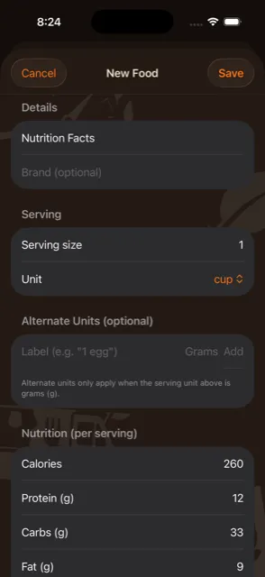 Nutrition label scan screen with values extracted from a packaged food label